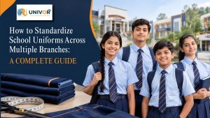 School students wearing standardized uniforms across multiple school branches, with uniform fabric and measuring tools in the foreground.